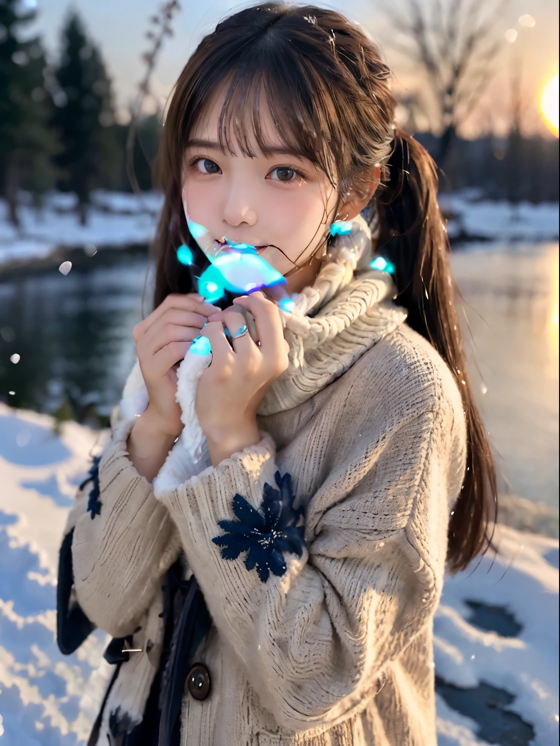 (She has a slim figure, small breasts and long hair in twin tails.、Close-up portrait of a girl wearing a winter coat and a scarf :1.5)、(One girl with little smile and hair fluttering in the wind :1.3)、(Beautiful snowy sunset sky:1.5)、(Perfect Anatomy:1.3)、(No mask:1.3)、(Full Finger:1.3)、Realistic、photograph、Tabletop、highest quality、High resolution, Delicate and beautiful、Perfect Face、Beautiful fine details、Fair skin、Real human skin、pores、((Thin legs))、(Black Hair)、Completely naked、naked,