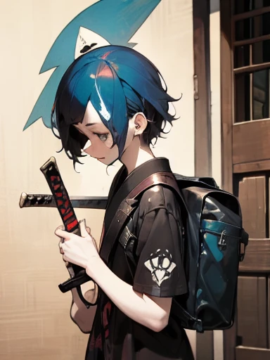 ((18-year-old punk girl,Unusual punk hair:1.3)),((Blue and white British punk fashion:1.5)),(Light black and blue hair:1.5、Long Bangs:1.5、short hair)Studded clothing、((Holding a sword in his right hand:1.5))、((Small backpack on the back))、（Narrow and small eyes）,Wacky makeup、Breast augmentation, (masterpiece), (High resolution), (Very delicate), nightmare, doll-like face, Manga style, Horror elements, Manga styleイラスト, Japanese painting, phantom, (Spooky), Japan sculpture, crazy illustration, antique, Dark atmosphere, Flat Illustration,Spookyな外観, Unique atmosphere
