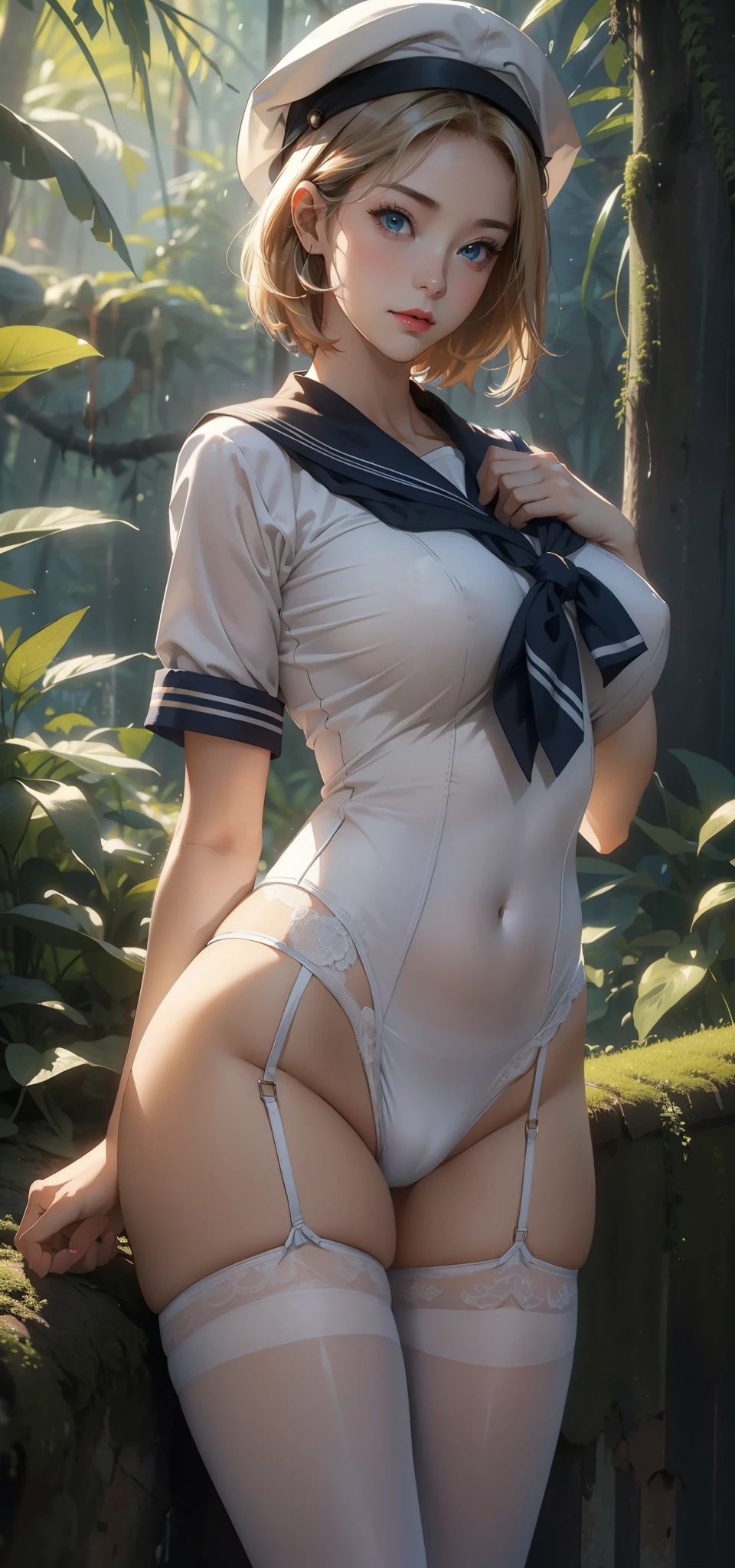 1 female，45 years old，Married women&#39;s breasts，Long legs，Big breasts and thin waist， 照片曝Light，（background：In the woods，Rainforest，In the summer，gale） She has short blond hair，Bob，Straight Hair，Red lips，stand up，Front view， OK， Gloomy sky，（（（masterpiece），（Highly detailed CG Unity 8k wallpaper），最OK质量，Light，详细background，Beautiful blue eyes，（Very delicate and beautiful），（Beautiful and detailed description of the eyes），Ultra Detailed，masterpiece，）），Facing the camera，high resolution，Ultra Detailed），Exposing breasts，Exposing genitals， Convex，Camel toe，Sexy bulge，（wear：Sailor Suit，Sailor hat，White pantyhose）