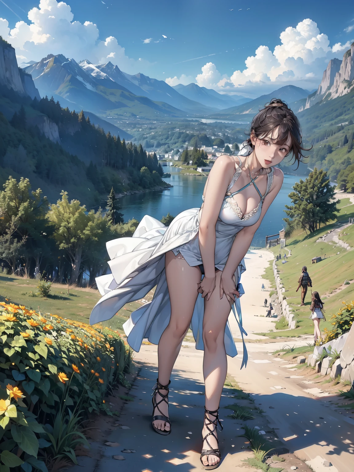 (best quality, masterpiece:1.2), ultra-detailed, realistic:1.37, high-res, detailed background, silhouette of a girl walking along a path that extends through the majestic mountains, figure stretching under the sunlight from the mountaintop, beautiful scenery adorned with earth tones, a hopeful and inspiring atmosphere, gentle and heartwarming depiction, emphasis on landscape with subtle portrayal of characters.