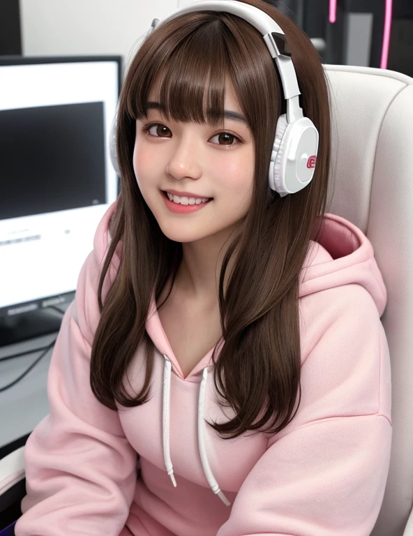 G is, One Girl, Detailed skin, View your viewers, Brown eyes, (Medium hair with bangs:1.2), (Medium Chest:1.0), (Central ??????:0.8),
(Realistic:1.4), (highest quality:1.0), (Ultra-high resolution:1.0), 8k, RAW Photos, (masterpiece:0.2), (Pyros Face_v1:0.5), White fluffy hoodie, White gaming chair, headphone, Little and cute girl,Geeky, Small devil, smile, Pink Room