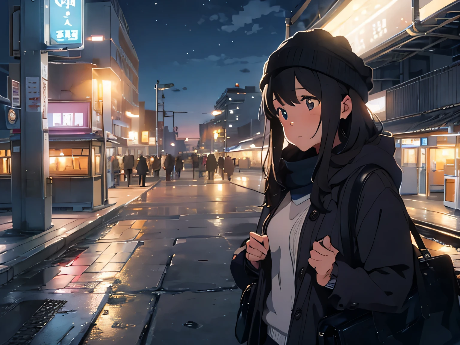night、At the station platform、A close-up of the upper body of a 20-year-old woman wearing a knitted hat and a thick coat, holding a large bag in her hands, looking up at the sky and crying、In the background is a blue passenger car、Streetlight