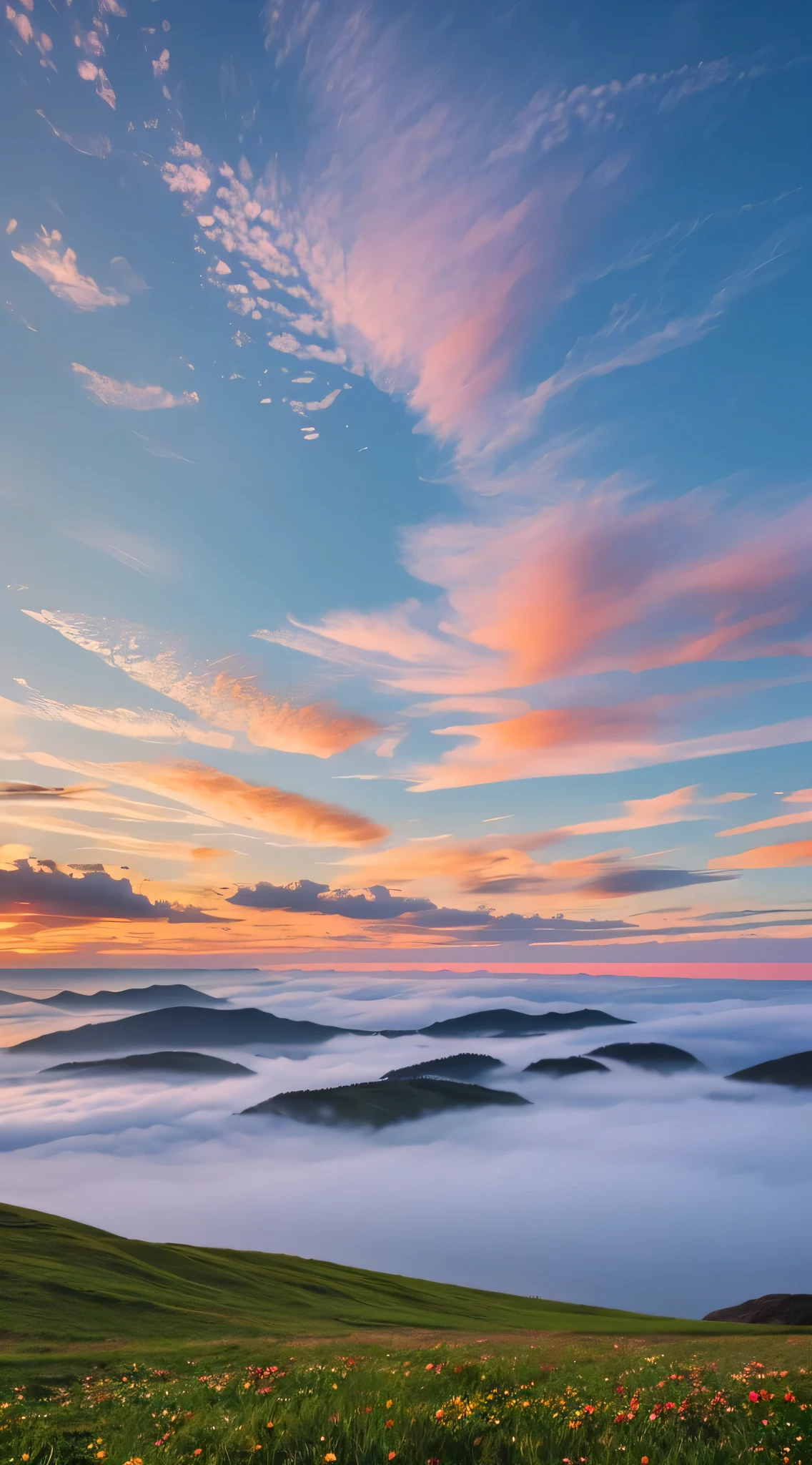 ocean, ocean, ocean, Ocean Beach, grassland, Wildflowers, desert, Snowy mountains in the distance, ocean of clouds, Sky, Large diffuse clouds, Sunset, Light penetrates the clouds and reaches the ground, Wide-angle lens shooting