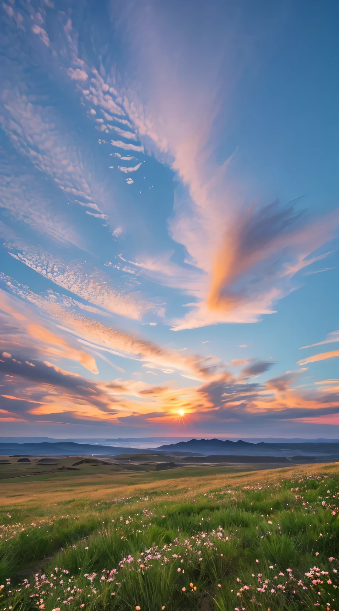 ocean, ocean, ocean, Ocean Beach, grassland, Wildflowers, desert, Snowy mountains in the distance, ocean of clouds, Sky, Large diffuse clouds, Sunset, Light penetrates the clouds and reaches the ground, Wide-angle lens shooting