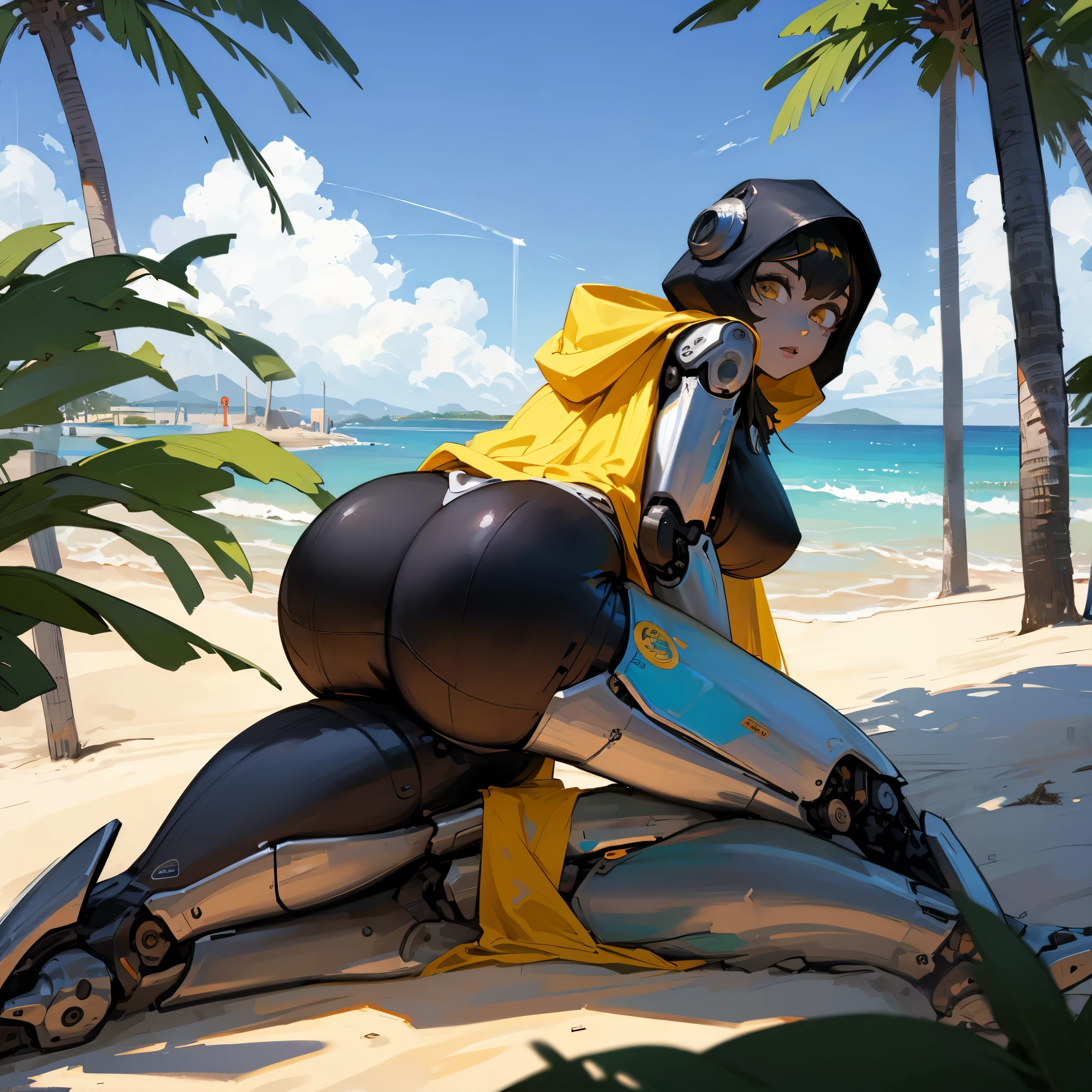 (best quality,highres),robot girl at the beach, large metal hips, wearing a hood with a cape, perched on a rock, near a palm tree, exposed mechanical thighs, butt, cool robotic mask, cyclops, shiny metallic surface, vibrant colors, warm sunlight, sparkling ocean waves, sandy beach, tropical atmosphere, strong and confident pose, futuristic technology, realistic details, intricate designs, beautiful reflection, serene environment