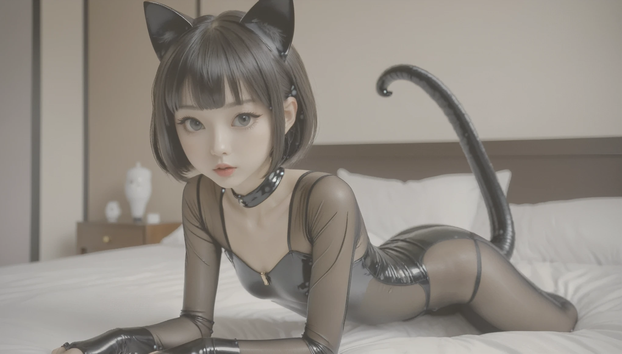 Top Quality, Masterpiece, High Resolution, 8k, (small skinny japanese girl in rubber see through bodysuit on the bed, small black collar, cat ears, fear in her face), beautiful detailed eyes, beautiful detailed lips, no lipstick, extremely detailed face, small hips, pixie side shaved hair, posing anxiously on the bed
