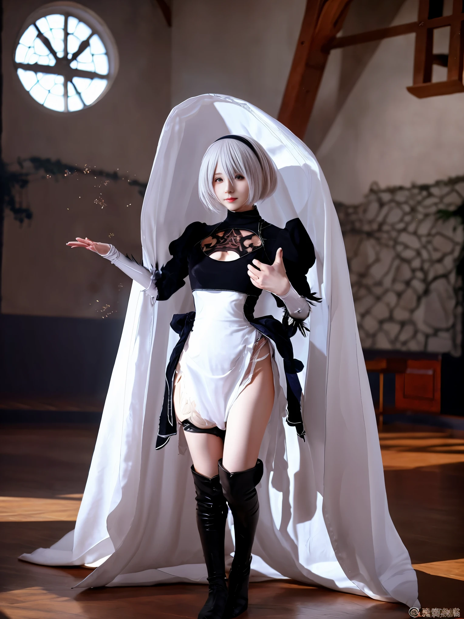 nier:Beautiful cosplay of 2B from Automata、A woman cosplaying as 2B、White skin、tall、21 years old、Englishman、nier:2B&#39;s black costume from Automata、Light background、Fantasyな教会を背景に、Standing tall in the middle of the church、Shooting from a diagonal angle、masterpiece、highest quality、high resolution、Fantasy、Glare、Anime Cosplay Makeup、Real Cosplay Photo、Cool photos、Full body portrait、handsome pose、Wrapped in a pale white glow、like、happiness、Kindness、Smoothly rendered