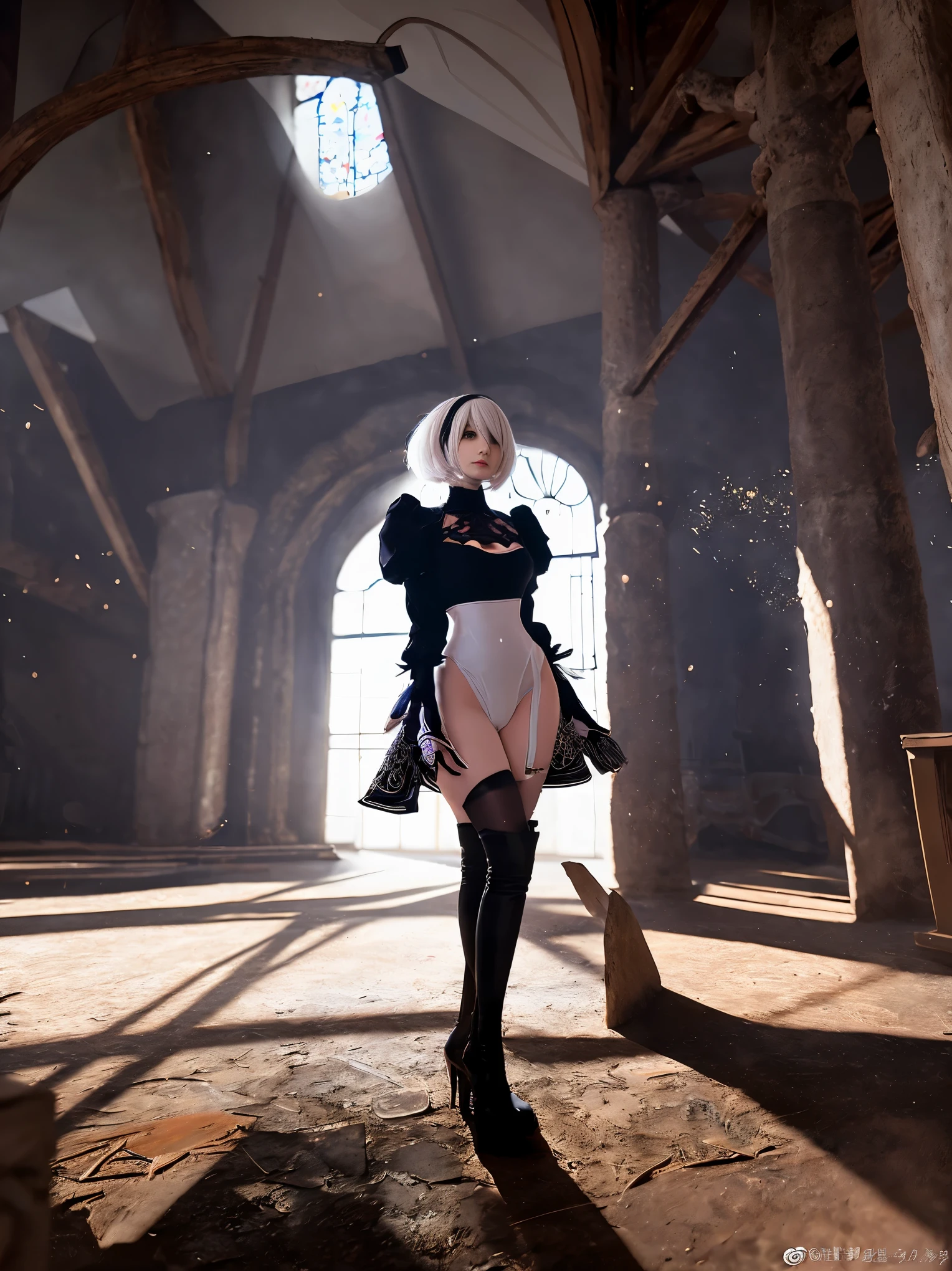 nier:Beautiful cosplay of 2B from Automata、A woman cosplaying as 2B、White skin、tall、21 years old、Englishman、nier:2B&#39;s black costume from Automata、Light background、Fantasyな教会を背景に、Standing tall in the middle of the church、Shooting from a diagonal angle、masterpiece、highest quality、high resolution、Fantasy、Glare、Anime Cosplay Makeup、Real Cosplay Photo、Cool photos、Full body portrait、handsome pose、Wrapped in a pale white glow、like、happiness、Kindness、Smoothly rendered