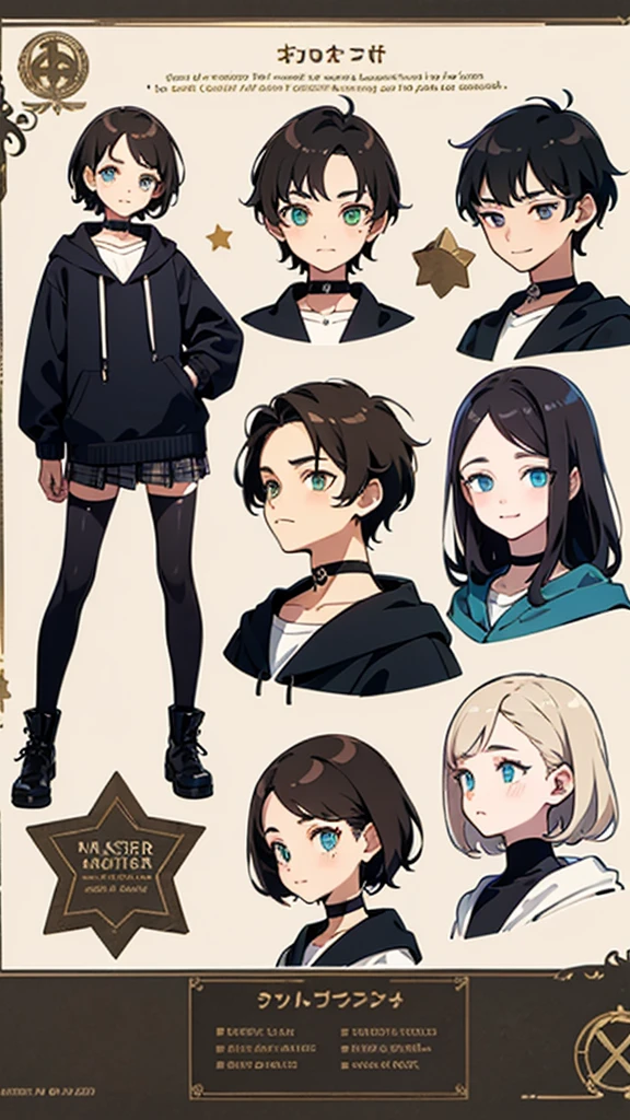 ((Masterpiece, Highest quality)), Detailed face, character sheets, full bodyesbian, Full of details, Multiple poses and expressions, Highly detailed, Depth, Many parts, 1boys , Children all over the body :3, mitts, Stockings, Black choker, The eye, Star (symbol), pupils in symbol shapes