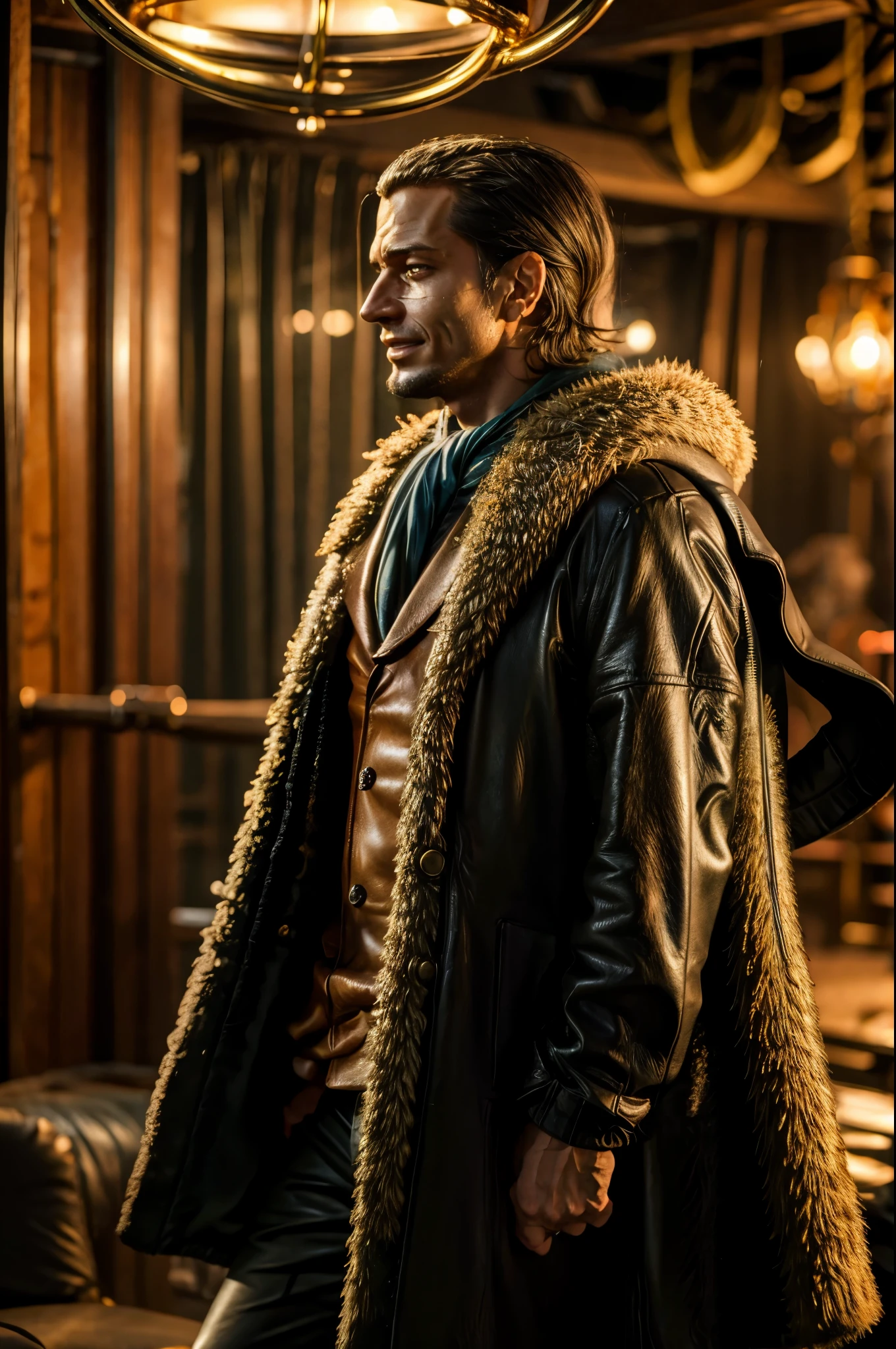 masterpiece, best quality, extremely detailed, hyperrealistic, photorealistic, a cool 40s man, ultra detailed face:1.2, fur-trimmed coat, scarf around the neck, his left hand is a golden pirate hook:1.1, at nightclub:1.2, nightclub light:1.1, party, music club, people dancing on the dance floor background, underground danceclub, sly smile