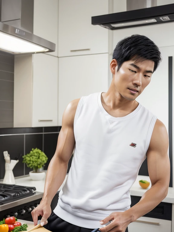 逼真的影像穿著黑色短褲的Japanese men, (( neat short hair.clean shaven handsome face)), and((pale skin color andfine skin complexion)), ( ((Wearing a white crew neck sleeveless sweatshirt))), , ((neat short black hair)), ((Half-length photo)), ((Ultra-high resolution))(( ))(( eye contact )) Alaphid Asian man preparing food using cutting board in kitchen, , Japanese men , Official product images,Medium shot of a handsome guy, Height 182 cm.