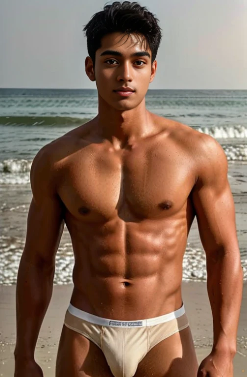 1 person，A handsome 20-year-old Indian boy，Expose abs，Wear long pants，On the beach，Wearing a beige thong underwear，Whole human body，gentlesoftlighting，masterpaintings，optimal quality，8K  UHD，digital DSLR camera，filmgrain，Fujifilm XT3 Realistic painting art，Written by Midjourney and Greg Rutkowski