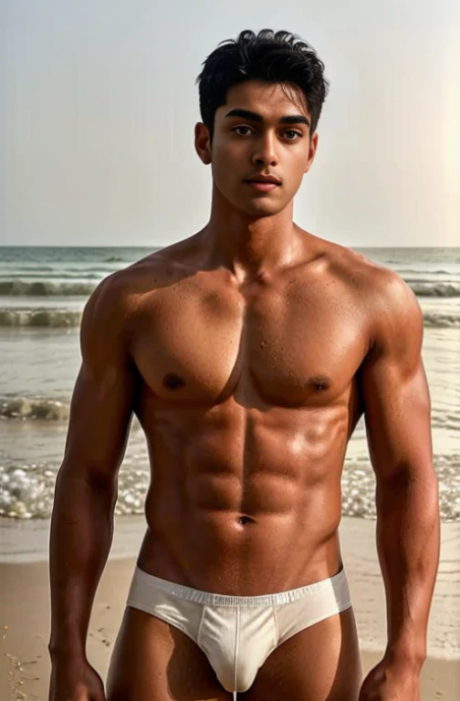 1 person,A handsome 20-year-old Indian boy,Expose abs,Wear long pants,On the beach,Wearing a beige thong underwear,Whole human body,gentlesoftlighting,masterpaintings,optimal quality,8K UHD,digital DSLR camera,filmgrain,Fujifilm XT3 Realistic painting art,Written by Midjourney and Greg Rutkowski