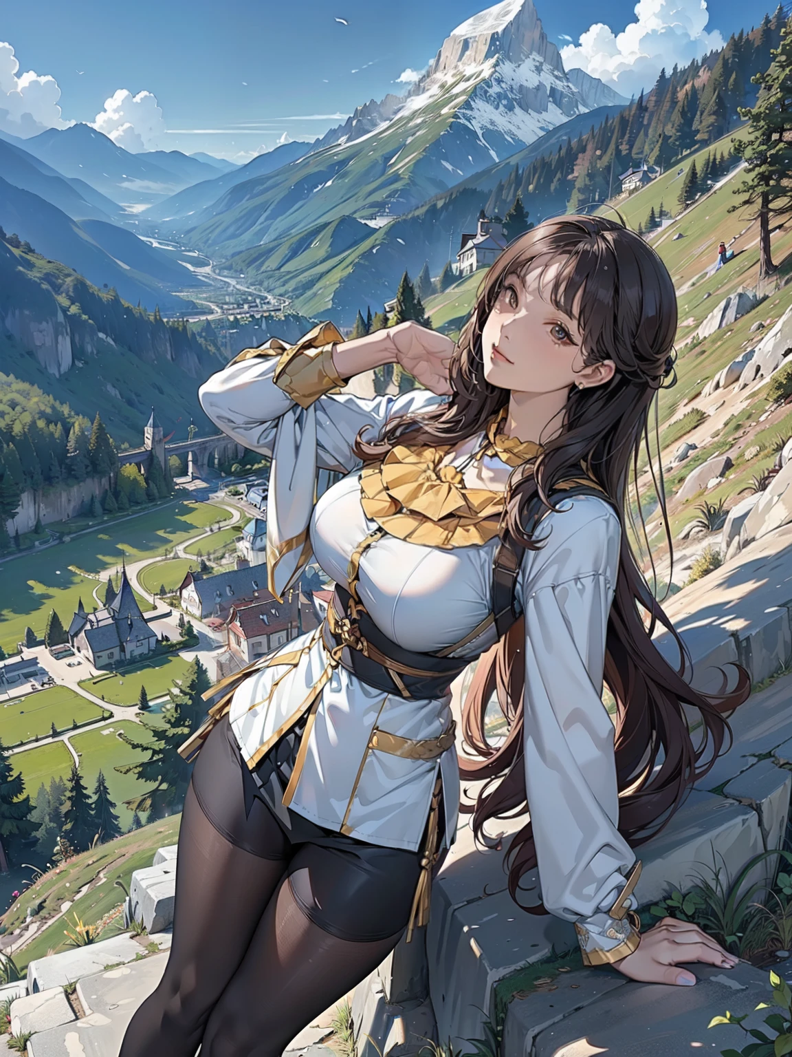 highest quality, masterpiece, Highly detailed background, Majestic Mountain々Back view of a girl walking up a slope leading to, ((Climber style outfit)), A human figure stretching out in the sunlight shining from the mountaintop, Beautiful scenery decorated with earth colors, A hopeful scene, Expressions that make the viewer feel kind, Focus on the landscape and make the portraits smaller..