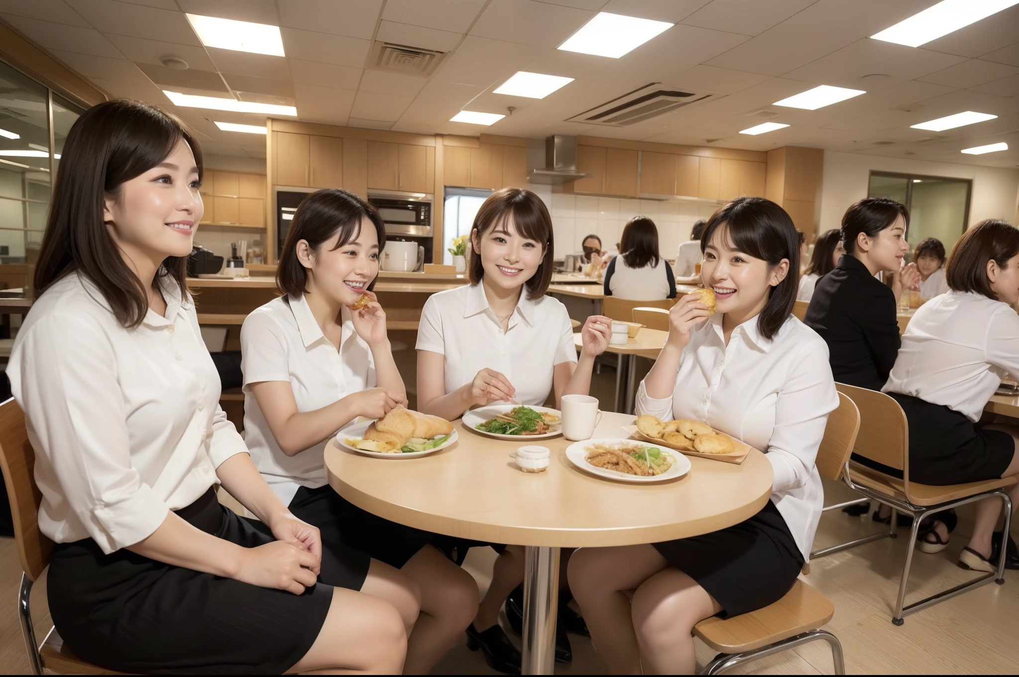 ((highest quality, 8k, Representative works in detail, Ultra-high resolution)), (Group photo of women), (Looking at the audience), (Mid Shot:), Five attractive businesswomen、women only: 5, A little chubby:0.25, White collared shirt, Grey Skirt, mini skirt、Inside a high-rise office,wide、Sitting and eating、company cafeteria、I'm having lunch、Happy expression、Daily set meal、Ramen、Udon、Omelette rice、sandwich、curry、Pork cutlet on rice、