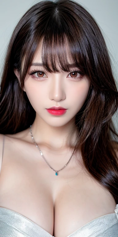 Canon RF 85mmf/1.2,masutepiece,Best Quality,超A high resolution,tu,1 girl,(Korean mixed,Kpop Idol:1.2),Solo,white_shiny_skin,Black eyes,Necklace,brown_long_Wavy_hair,Red lipstick bright_shiny_Lips,Eyelashes,Bangs,deal,make - up,shiny,Pore,skin texture,Bracelet,off shoulders,See-through,Big breasts