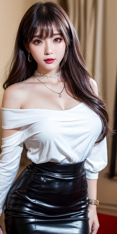 A perfect young female white-collar worker,Chinese big breasts,High picture quality,Works of masters,Black hair,Long hair shawl,Long hair flowing over the shoulders,cropped shoulders,clavicle,exquisite face,Hydrated red lips,blue-shirt,Banzoe bartic(show legs),Hosiery,white stockings,((Wearing black gloves))Real Human,Interior wall background,CG rendering,16k,Stand up,Empty interior,Do not show your hands,Close-up shot