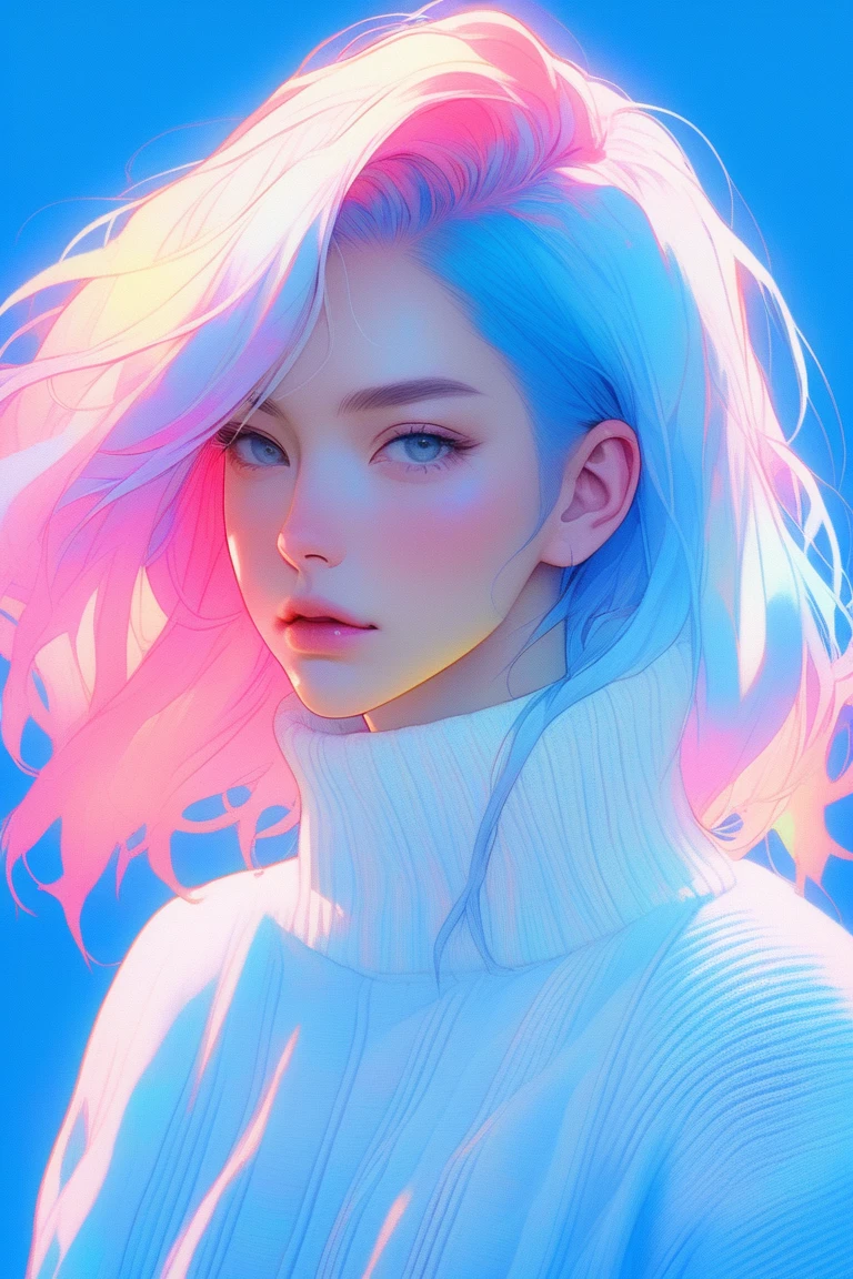 anime ,realistic ,sketch , 1girl, ,lip, Sweater,order, Blue gradient background, Neon hair,Textured crop, Canadian , (masterpiece,best quality,niji style)