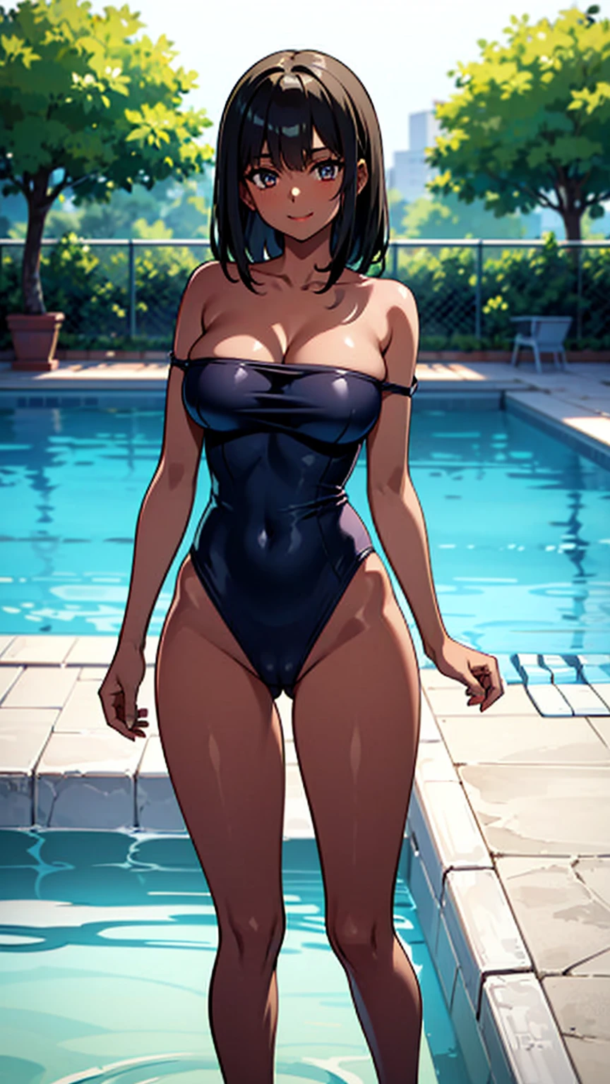 (Best Quality, masterpiece), 1girl, smile, (young girl), (Black hair), (thin thighs), (white one-piece swimsuit), (strap_slip:1.4), (bare shoulders), (large breasts), (cameltoe), (dark skin:1.4), standing, cropped legs, cowboy shot, poolside