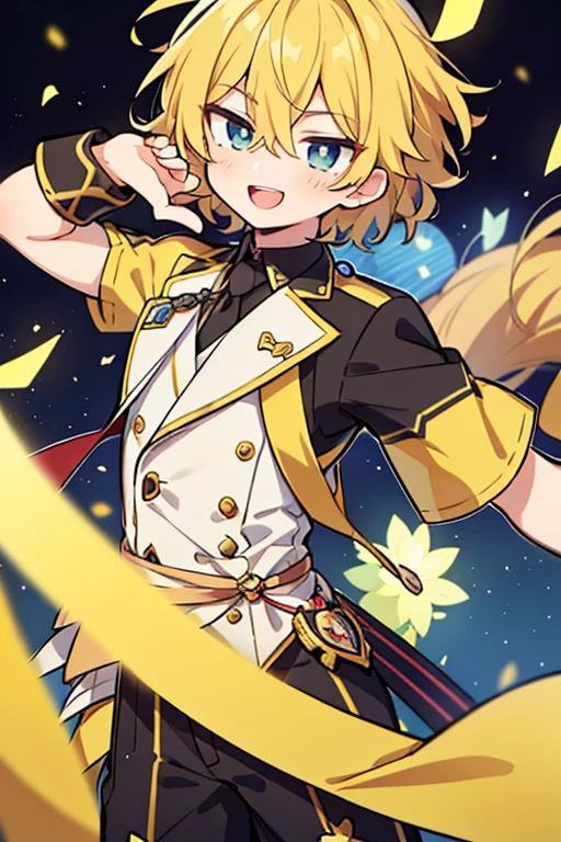 anime,((((1 male)))),((idol)),(high-quality, breathtaking),(expressive eyes, perfect face), 1 male, male focus,solo,short yellow hair, smile