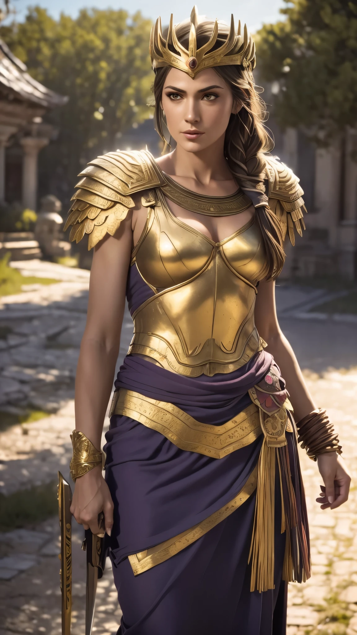 Kassandra, masterpiece,8k,ultra-detailed,best quality,battlefield,(background:the warriors are fighting,red warriors,green warriors,jumping,hack,slash),(middle ground:queens are fighting,blonde hair queen,brunette hair queen,Park Bo-young,Fighting Pose),The lighting is dark and gloomy,exquisite golden armor,exquisite golden crown,exquisitely carved silver sword,exquisitely eagle helmet.