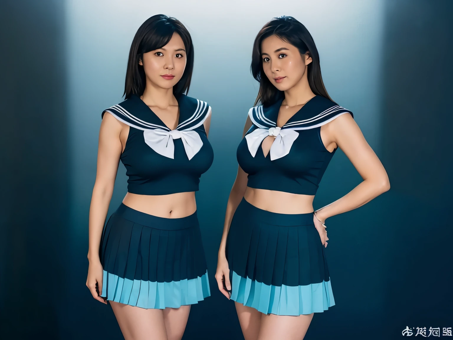 Distant view, Polaroid, out of focus, Dark Lighting, dark atmosphere, best quality, masterpiece, ultra high res, photo realistic, (((Blue background))), Two MILFs stand side by side, 60 old prostitute, stand upright, facing the center of the screen, Pose that shows your belly button, bra-less, ((very short See-through sailor uniform)), (very short See-through pleated skirt), ((black collar)), big and round hips, sensual body, huge breasts :1.5, and saggy breasts:1.5, curvy hourglass figure, A look of shame and tears, (((Perfect Anatomy)))