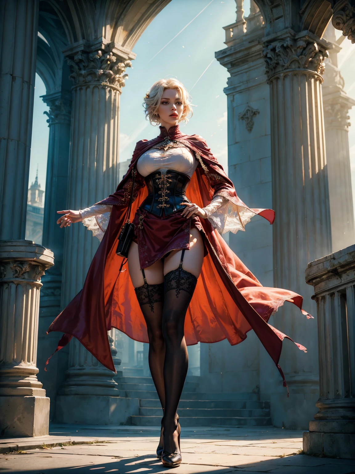 ((show full body from head to toe, standing, body facing to the viewer (show front body)). Pale skin, Tall body, fit body, huge body, medium breast. A female wizard wearing colorful clothes, long sleeves(lace sleeves), skirts, corset, cloak, robes, cape, gloves, stockings, show heels. short hair with updo. Masterpiece:1.5, illustration:1.1, best quality:1.5, fine detail, perfect detail, 4k, HDR, balance focused camera view, centered camera view, middle camera view, vertical scape camera, natural lighting, bright lighting, sunlight, daylight, sharp focus, smooth detail, HDR, big resolution. Outdoor, bright sky.