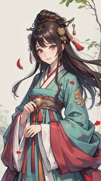 "Highly detailed CG Unity 8k wallpaper,masterpiece,Best image quality,【😊Forest of Colors,Depth of written boundary,A large amount of water droplets scattered:1.2,petal,Surrounded by toys,Wind,leaf,grassland,Volumetric Light】Brunette color hair,Chinese Dollar,Make your face bright red,Hanfu,smile,Half of the body is in the water,Chinese style Hanfu,Air Van,