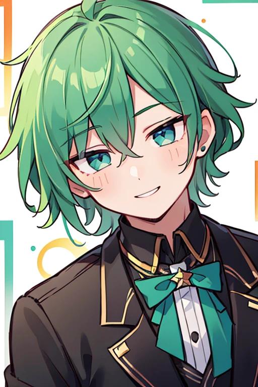 ((((1 male)))),(((idol))),(high-quality, breathtaking),(expressive eyes, perfect face), 1 male, male focus,solo,short green hair,black eye, smile,upper body