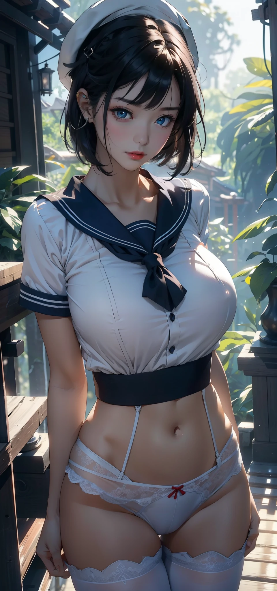 1 female,45 years old,Married women's breasts,Long legs,Big breasts and thin waist, 照片曝Light,(background:In the woods,Rainforest,In the summer,gale) She has short blond hair,Bob,Straight Hair,Red lips,stand up,Front view, OK, Gloomy sky,(((masterpiece),(Highly detailed CG Unity 8k wallpaper),最OK质量,Light,详细background,Beautiful blue eyes,(Very delicate and beautiful),(Beautiful and detailed description of the eyes),Ultra Detailed,masterpiece,)),Facing the camera,high resolution,Ultra Detailed),Exposing breasts,Exposing genitals, Convex,Camel toe,Sexy bulge,(wear:Sailor Suit,Sailor hat,White pantyhose)