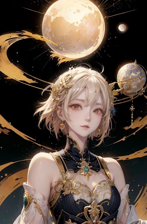 Standing in front of a black background、Anime girl with short blonde hair and gold jewelry, onmyoji detailed art, Anime Goddess, Portrait Onmyoji, onmyoji, White-haired God, Smiling Goddess Artemis, Moon Goddess, Complex and gorgeous anime CGI style, Beautiful fantasy empress, Artwork by the Goddess of Sorrow, Moon Goddess, Moon Goddess, huge