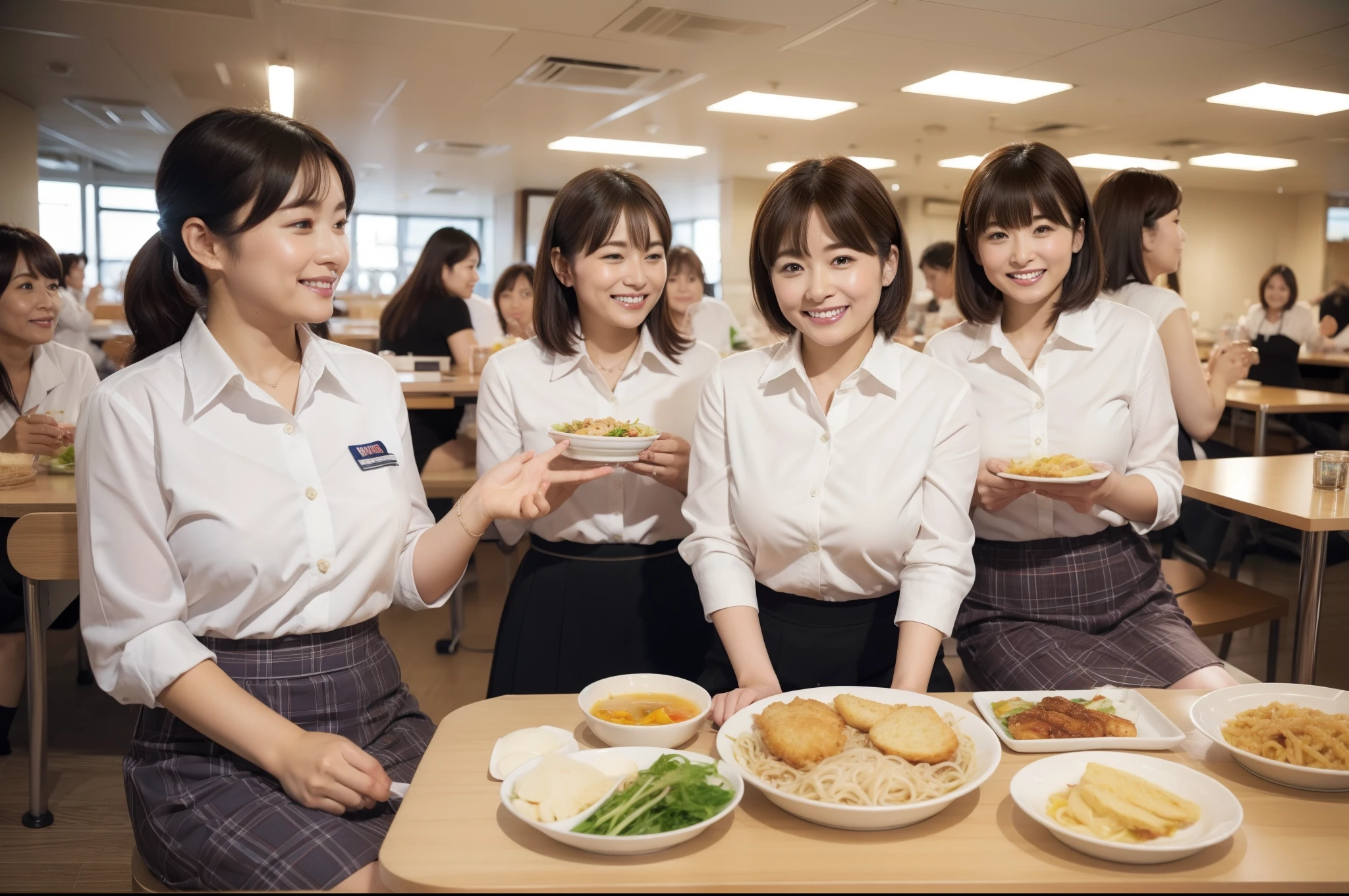 ((highest quality, 8k, Representative works in detail, Ultra-high resolution)), (Group photo of women), (Looking at the audience), (Mid Shot:), Five attractive businesswomen、women only: 5, A little chubby:0.25, White collared shirt, Grey Skirt, mini skirt、Inside a high-rise office,wide、Sitting and eating、company cafeteria、I'm having lunch、Happy expression、Daily set meal、Ramen、Udon、Omelette rice、sandwich、curry、Pork cutlet on rice、向かい合わせにSitting and eating、