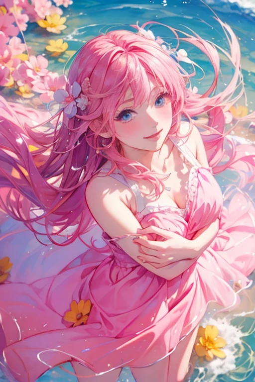 8k,masterpiece,highest quality, (From above:1.6) ,Dynamic pose,A -yeld giwaiting for spring, Bright light, Long Hair, Wind、 smile, Watercolor \(Moderate\),Watercolor,(A pink dress that fits perfectly:1.3)