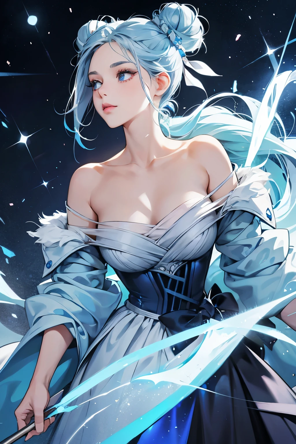 Her hair is a dark navy, that's pulled back into a double bun. She has light blue lips. Her skin tone is the same grayish-blue as the Ice King's. She now wears a multi-layered off-the-shoulder gown whose straps display a blue, flame-like animation. The rest of her gown glitters, possibly related to her ice element.