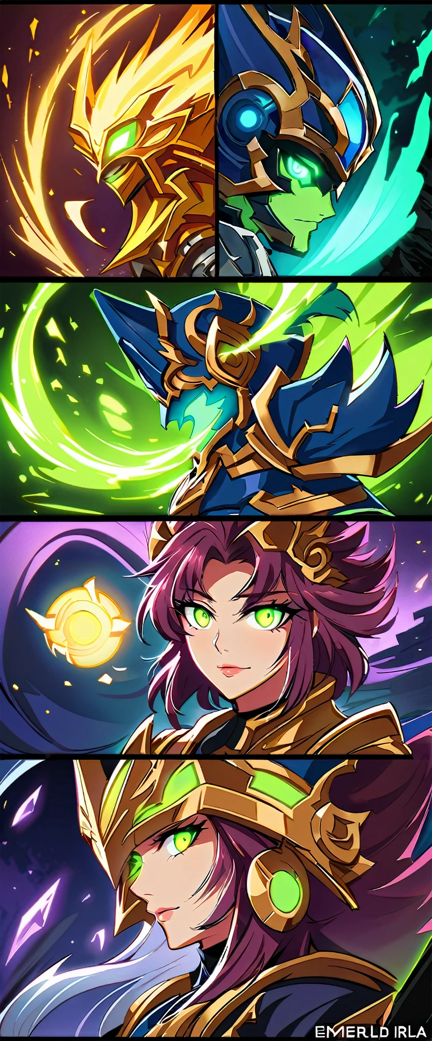 Medium close-up of a girl in a helmet with glowing eyes, Сенна из League of Legends, green glowing eyes, Irelia, glowing green eyes, Irelia из League of Legends, emerald eyes, detailed digital anime art, Glowing lens flare ghost girl, green aura, Ashes, Woman Lúcio.