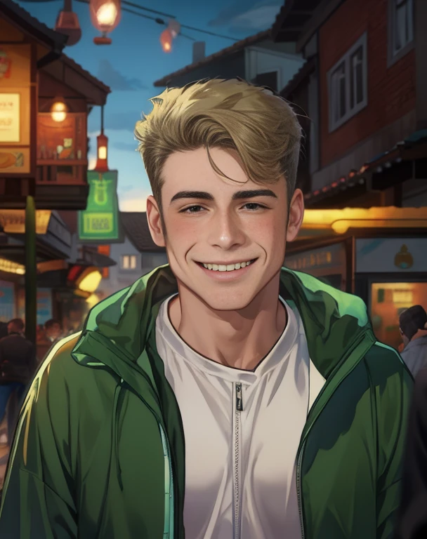 jovem arafiado com uma jaqueta verde em frente a uma cidade, muscle contraction coil / jogador ludwig, juventude ainda, por Matthias Stom, por Armin Hansen, por Jakob Gauermann, daniel dociu, Nico Delort, inspirado em Adrian Zingg, Caspar David, Joel Fletcher, Anton, por Jesper Knudsen