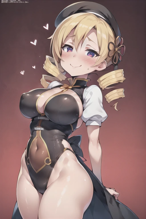 (masterpiece), (highest quality), (figure), (Very detailed), (High resolution), (8k), (Perfect Anatomy), (Anatomically correct), One Girl, Very large breasts, Big Breasts, Twin tails, Drill Hair, (Golden Hair), very cute girl, Short, young, , Young, delicate, Attention to girls, she, smile, 魅力的なsmile, blush, Best moment, , low length, Eye color is pink, Bright Eyes, Vivid eyes, cute, Thighs, Thick legs, Waistline, Being spoiled, Innocent, i love you, Love Viewer, Beautiful Skin, Beautiful body, cute face, delicate arms, Innocent, Boyfriend's gaze, Vivid eyes, Neat, blush, Sensual, whole body, Seductive, Detailed skin texture, Intricate details, Very detailedな顔, Beautiful Eyes, Big Eyes, heart, Inviting, Desire to monopolize, Quote, Gorgeous, Beautifully shaped breasts, Looking up, I love you, upright, Are standing, 魔法少女まどか☆マギカ, Mami Tomoe,