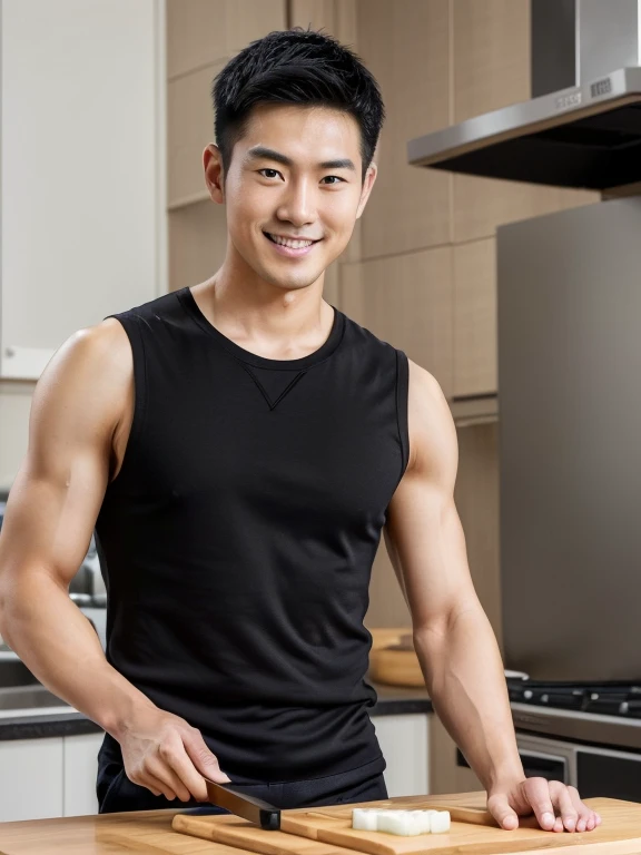 (( Look in the direction of the photographer with a smile on your face. maintain eye contact))((True-to-life imagery. a 28 year old .Japanese man wearing black shorts)), ((  neat short hair.clean shaven handsome face)), and((pale skin color andfine skin complexion)), ( ((Wearing a white crew neck sleeveless shirt))), , ((neat short black hair)), ((Half-length photo)), ((Ultra-high resolution))(( ))(( maintain eye contact ))  A Japanese man preparing food using a cutting board in the kitchen, , young japanese man , Official product images,Medium shot of a handsome guy, Height 182 cm.