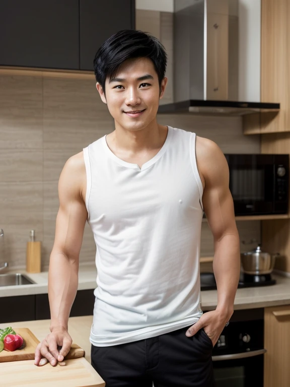 (( Look in the direction of the photographer with a smile on your face. maintain eye contact))((True-to-life imagery. a 28 year old .Japanese man wearing black shorts)), (( neat short hair.clean shaven handsome face)), and((pale skin color andfine skin complexion)), ( ((Wearing a white crew neck sleeveless shirt))), , ((neat short black hair)), ((Half-length photo)), ((Ultra-high resolution))(( ))(( maintain eye contact )) A Japanese man preparing food using a cutting board in the kitchen, , young japanese man , Official product images,Medium shot of a handsome guy, Height 182 cm.