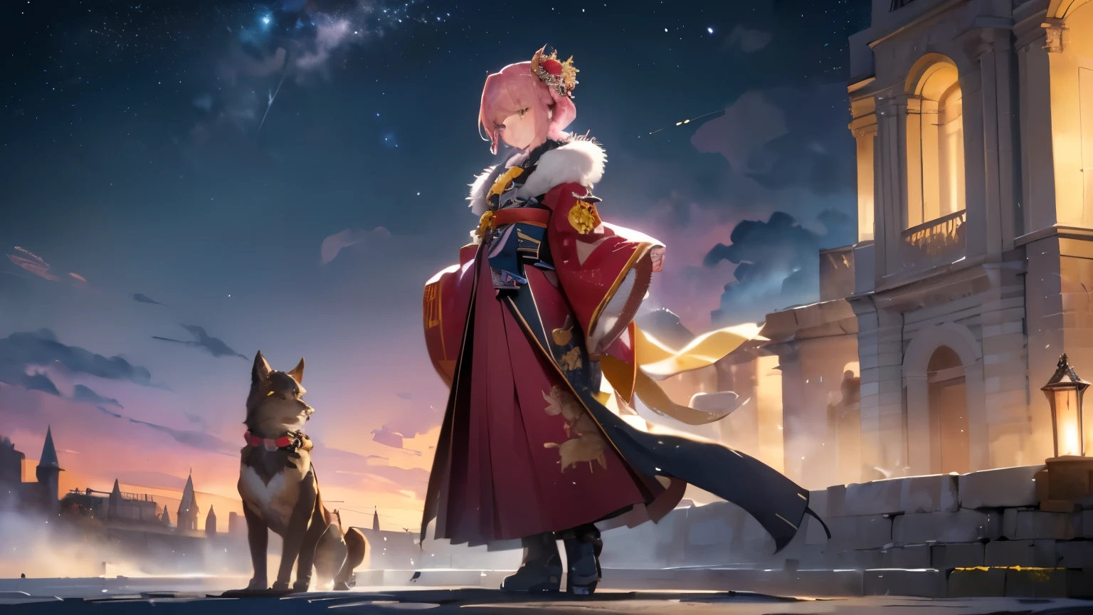 One Woman,,(highest quality,8K quality,masterpiece:1.3,High resolution,Tabletop:1.2, realism:1.3), A beautiful 23-year-old woman with pink hair in the style of Hatsune Miku,look far away,(Kimono comes off,I can see your thighs, Beautiful Face,(Young Gravure Idol, A sophisticated gravure idol),(finely detailed perfect face),Dark grey fur, A golden gladiator-like helmet with a red crest, Brown fur collar, Gold disc pendant, masterpiece, highest quality, (Watercolor style),Walking around the castle with a beautiful night sky as a backdrop,The whole body is shown standing up,Both hands are clasped behind the back