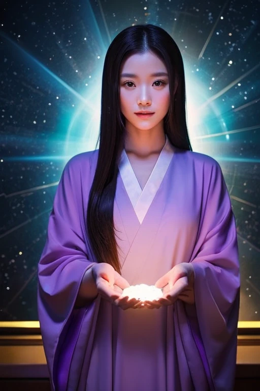 Dressed in robes、A beautiful Japanese female fortune teller holding a crystal in both hands purple Star dust very bright mysterious Facing forward looking at the camera