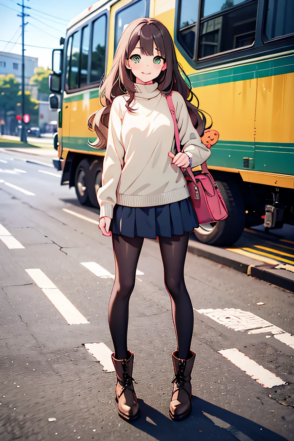 ((best quality)), ((masterpiece)), (detailed), perfect face, cute anime girl, long wavy brown hair, she is standing outdoor, she smile, she is 20 years old, she is wearing turtle neck sweater, she is wearing skirt, she is wearing pantyhose, she is wearing boots, green eyes, vibrant colors, masterpiece, sharp focus, best quality