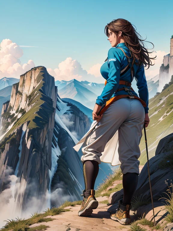 highest quality, masterpiece, Highly detailed background, Majestic Mountain々Back view of a girl walking up a slope leading to, ((Climber style outfit)), A human figure stretching out in the sunlight shining from the mountaintop, Beautiful scenery decorated with earth colors, A hopeful scene, Expressions that make the viewer feel kind, Focus on the landscape and make the portraits smaller..