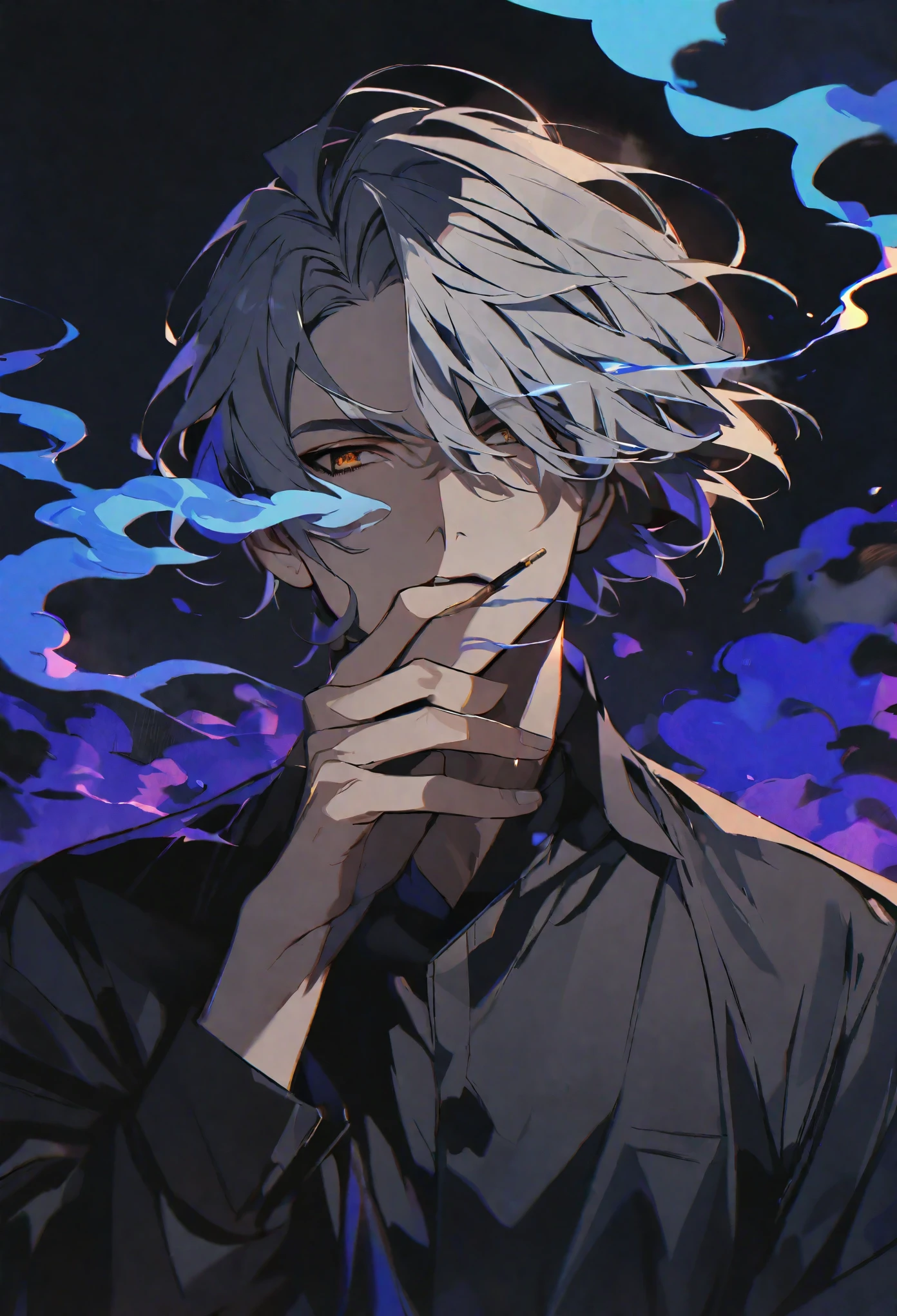 solo, handsome, 1 male, short hair, gray hair, brown eyes, black light, black shirt, smoke, smoking