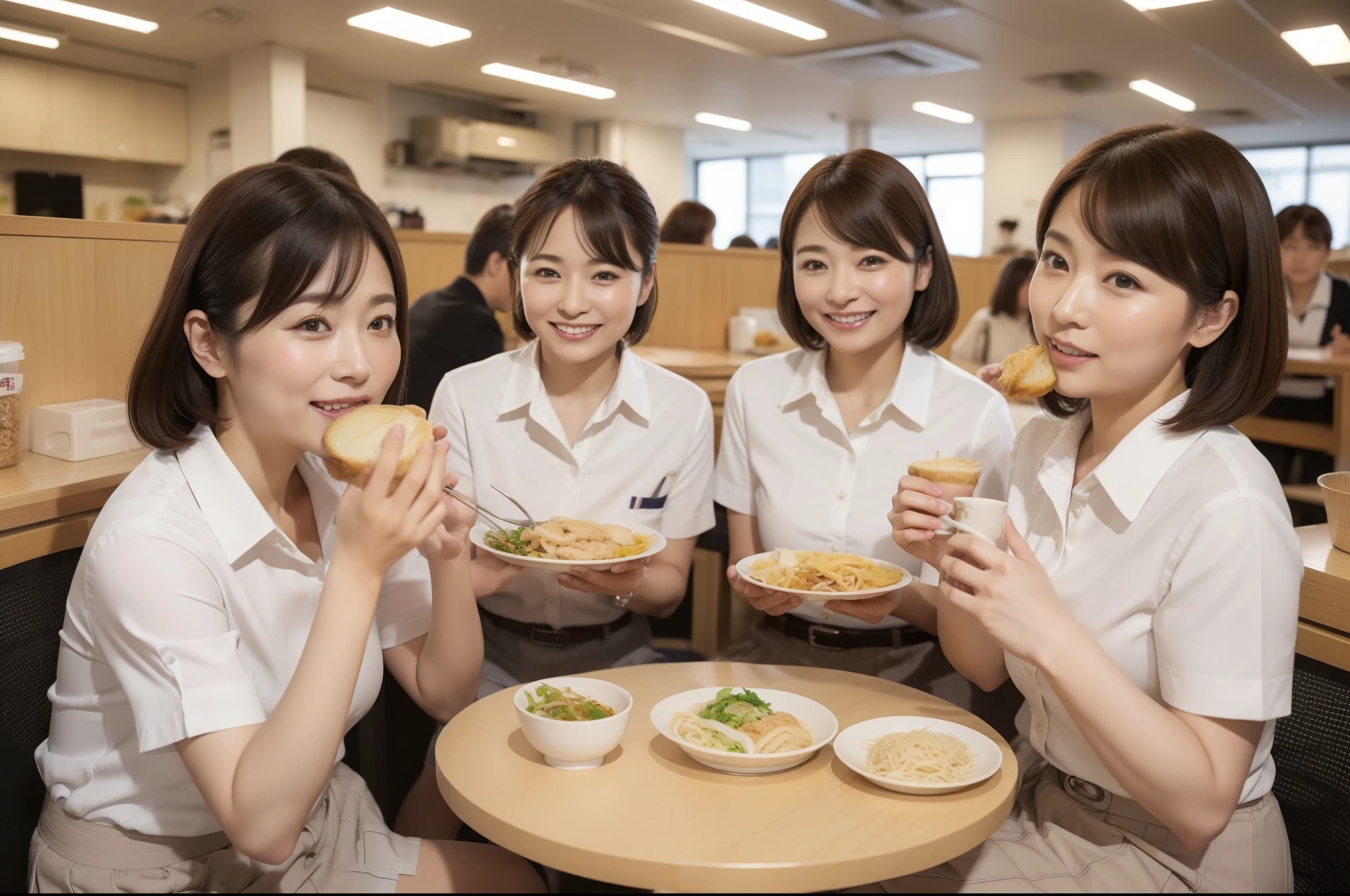 ((highest quality, 8k, Representative works in detail, Ultra-high resolution)), (Group photo of women), (Looking at the audience), (Mid Shot:), Five attractive businesswomen、women only: 5, A little chubby:0.25, White collared shirt, Grey Skirt, mini skirt、Inside a high-rise office,wide、Sitting and eating、company cafeteria、I&#39;m having lunch、Happy expression、Daily set meal、Ramen、Udon、Omelette rice、sandwich、curry、Pork cutlet on rice、向かい合わせにSitting and eating、