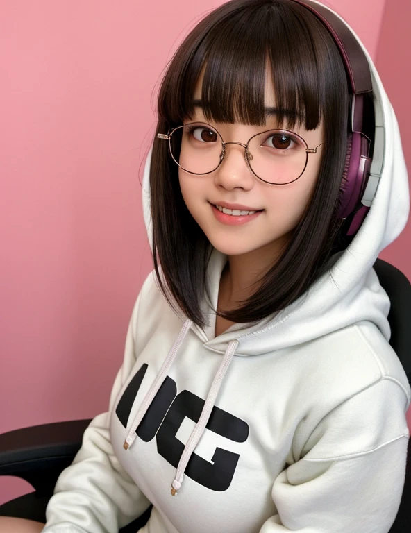 G is, One Girl, Detailed skin, View your viewers, Brown eyes, (Bob hair with bangs:1.2), (Medium Chest:1.0), (Central areola:0.8),
(Realistic:1.4), (highest quality:1.0), (Ultra-high resolution:1.0), 8k, RAW Photos, (masterpiece:0.2), (Pyros Face_v1:0.5), White fluffy hoodie, White gaming chair, headphone, Little and cute girl,Geeky, Small devil, smile, Pink Room, Kurobe Glasses, Huge breasts