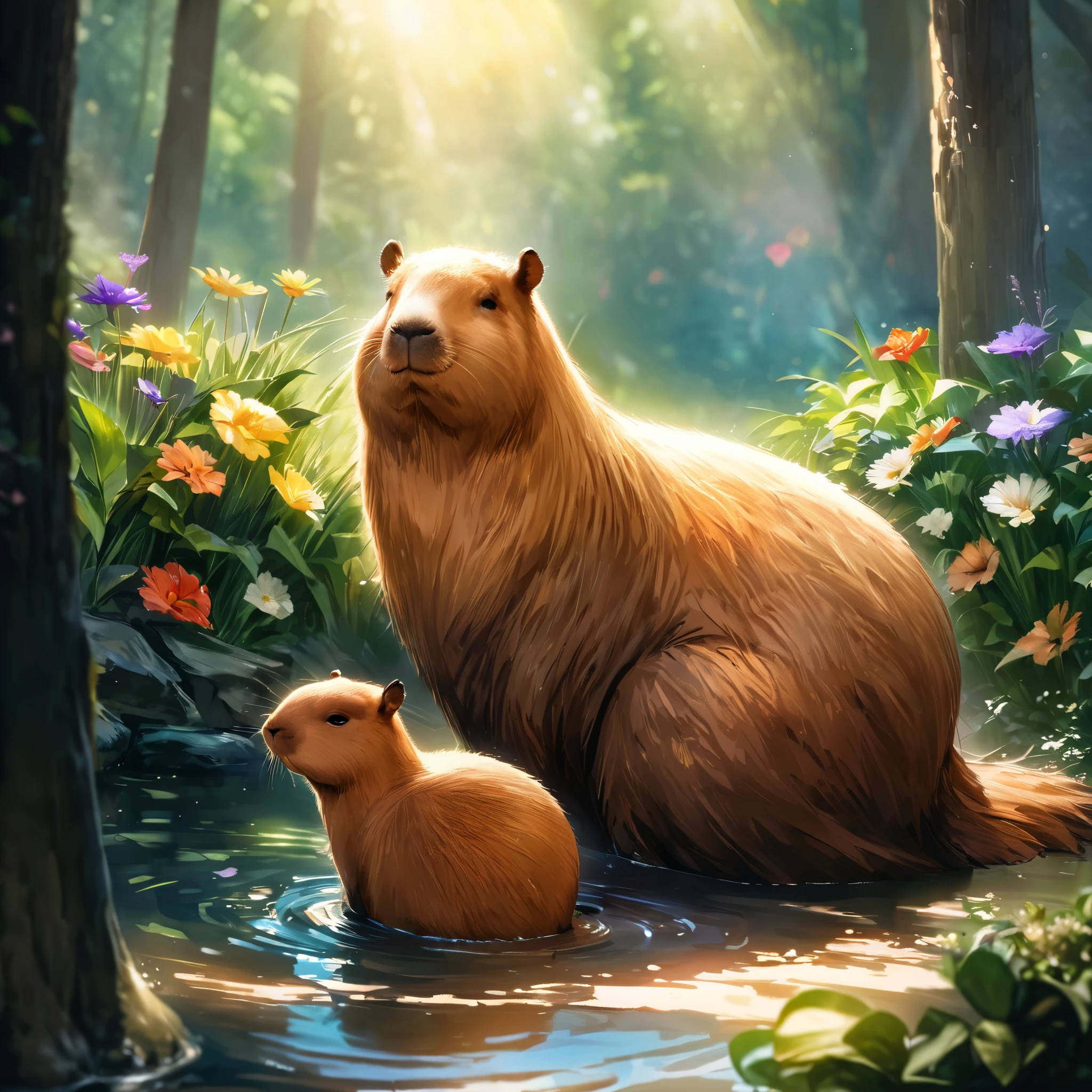 cute, cuddly, medium-sized rodent in a lush garden, surrounded by vibrant flowers and tall grass, enjoying the warm sunlight streaming through the trees. The ((capybara)) is sitting by a small, tranquil pond, its shiny fur glistening. The capybara has a friendly expression on its face, with bright, attentive eyes and a gentle smile. The sunlight casts a soft, golden glow on its fur, giving it a warm and inviting appearance. The garden is filled with various shades of green, with the leaves rustling in the gentle breeze. The flowers are blooming in an array of colors, including vibrant reds, yellows, and purples, creating a visually stunning and lively atmosphere. The capybara looks content and at ease, immersed in this peaceful and idyllic setting. The overall image exudes a sense of tranquility and harmony, inviting viewers to appreciate the beauty of nature and the adorable presence of the capybara.
(best quality, 4k, highres, masterpiece:1.2), ultra-detailed, realistic:1.37, HDR, studio lighting, vivid colors, bokeh, physiologically-based rendering, exquisite fur texture, delicate floral details