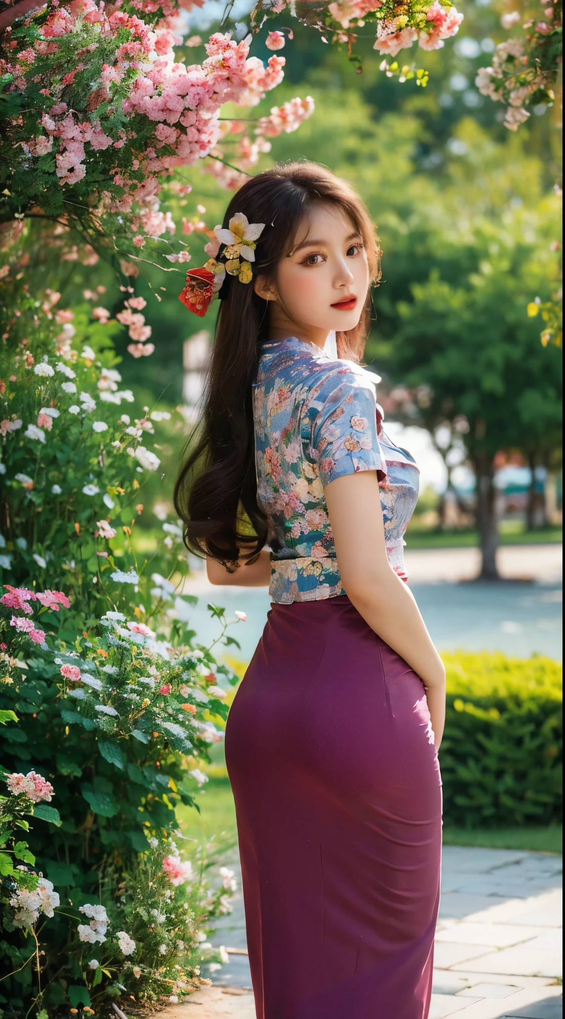 A girl in Myanmar, surrounded by the vibrant city of Yangon. The girl has beautiful almond-shaped eyes, expressive lips, and a graceful demeanor. She wears a traditional Myanmar dress called a longyi, which is adorned with vibrant colors and intricate patterns. The girl in the people park in yangon cite, . The surrounding scenery is lush with tropical plants and flowers, creating a serene and picturesque setting. The image is rendered in high resolution (best quality, 4k, 8k, highres, masterpiece:1.2), capturing every detail of the girl's dress and the temple's golden reflections. The colors are vivid and vibrant, showcasing the rich culture of Myanmar. The lighting is soft, highlighting the girl's features and creating a warm atmosphere. The overall style is a combination of portraits and landscapes, showcasing the beauty of both the girl and her surroundings.attractive buttocks, view from behind.  ass emphasis, exposed breasts, exposed ass, pantyline, high heels, detailed eyes, leggings. 4K high resolution