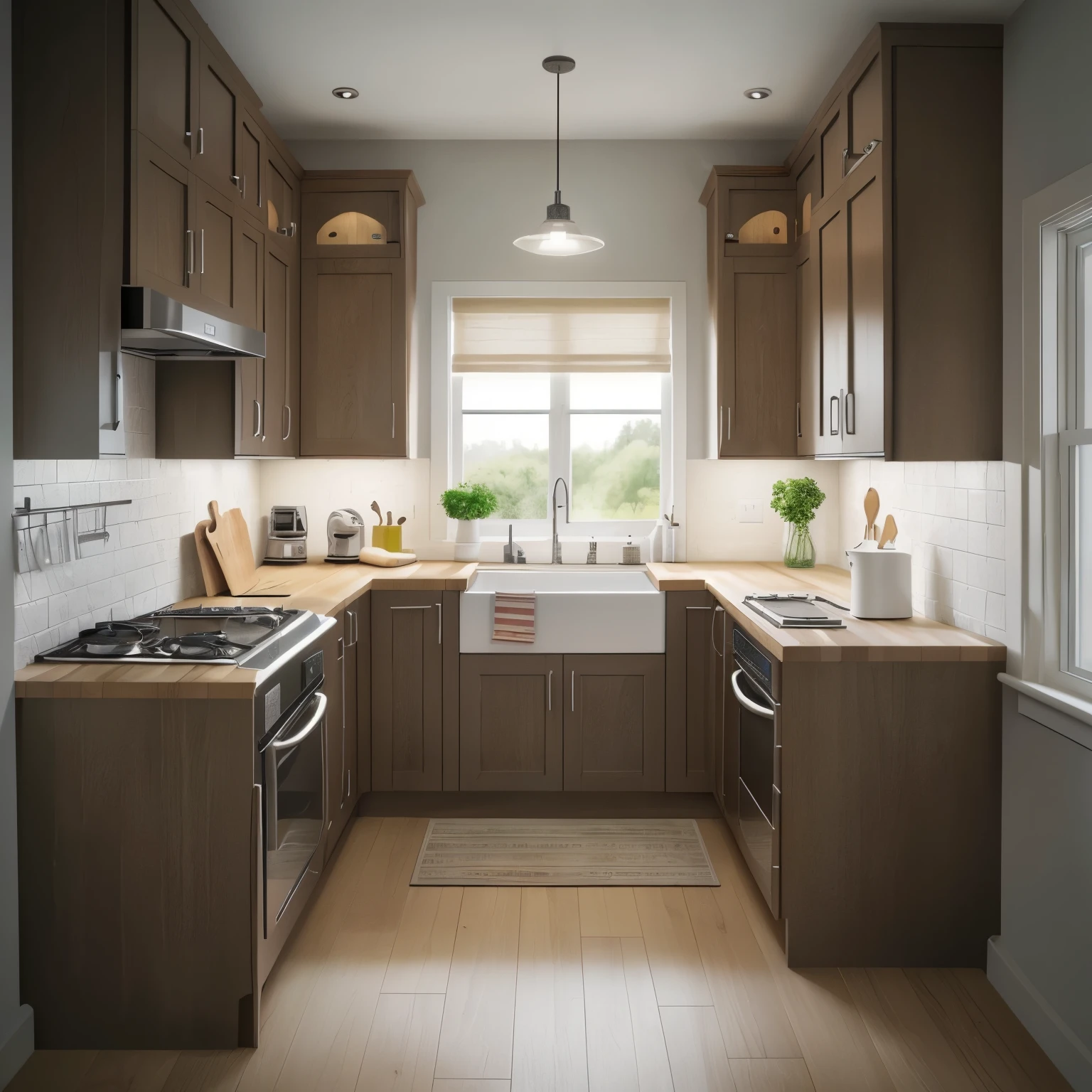Create me a small U-shaped kitchen with a window overlooking the orchard. on one of the walls there are Lamellas panel (natural oak) on felt, the kitchen is to have basic kitchen furniture and appliances such as a sink, dryer, fridge, gas stove, microwave, and decorative elements. Realistic photo, photorealism, minimalism. the best quality