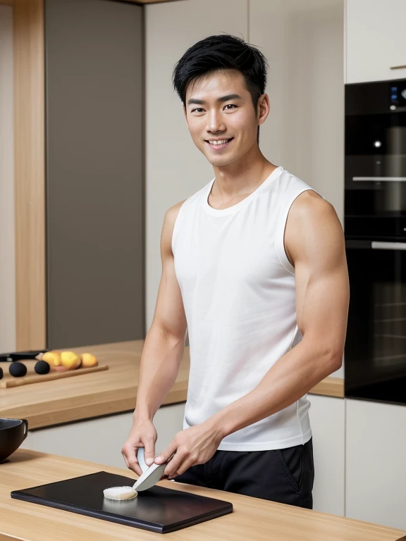 Thai man ,man ,(Blue T-shirt:1.5) ,Jeans ,He is about 30 years old..,Rough and handsome appearance,large breastsj,Big waistline,buzz cut, angry, sullen, best quality, Masterpiece,(Have muscles:4.5),(best quality,high resolution,Masterpiece:1.2),The eyes are natural and delicate..,1 person,alone,gay asian,muscle,Long legs,brave,short hair details,conjunctivitis ,strong,brown eyes, (standing in the kitchen:1.5),in the market,sitting on the table ,smile
